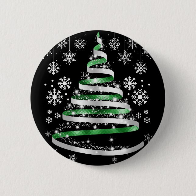 White Snowflake Silver Green Ribbon Christmas Tree Button (Front)