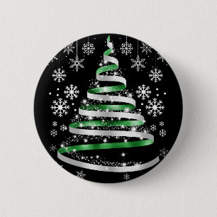 White Snowflake Silver Green Ribbon Christmas Tree Button