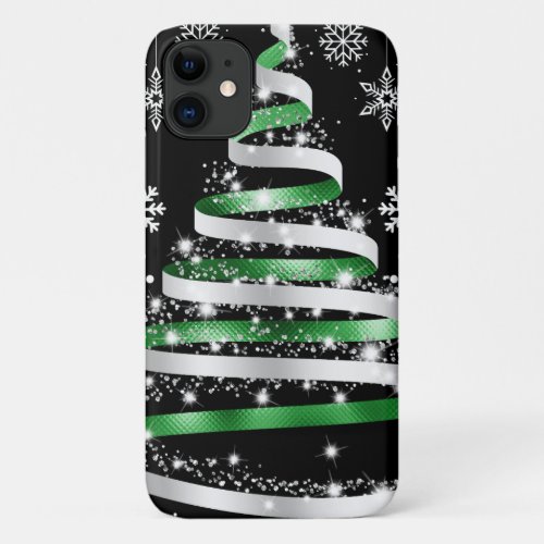 White Snowflake Silver Green Ribbon Christmas Tree iPhone 11 Case
