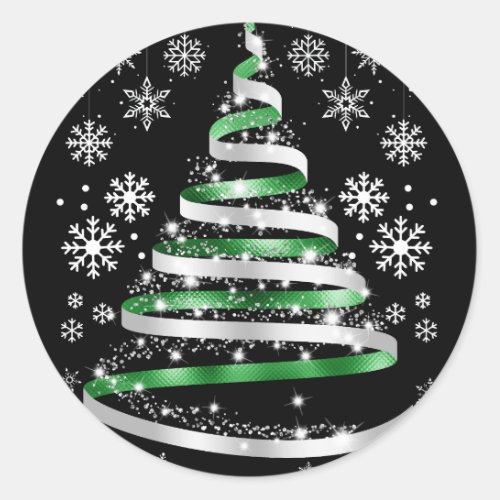 White Snowflake Silver Green Ribbon Christmas Tree Classic Round Sticker