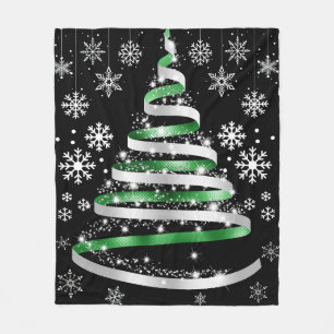 White Snowflake Silver Green Ribbon Christmas Tree Fleece Blanket
