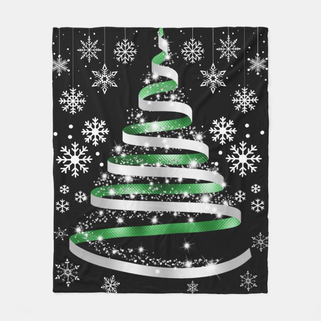 White Snowflake Silver Green Ribbon Christmas Tree Fleece Blanket (Front)