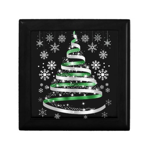 White Snowflake Silver Green Ribbon Christmas Tree Gift Box