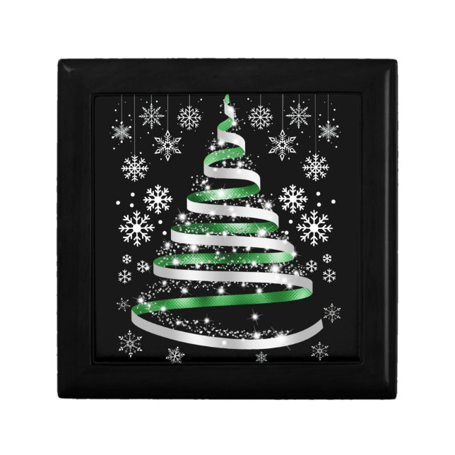 White Snowflake Silver Green Ribbon Christmas Tree Gift Box (Front)