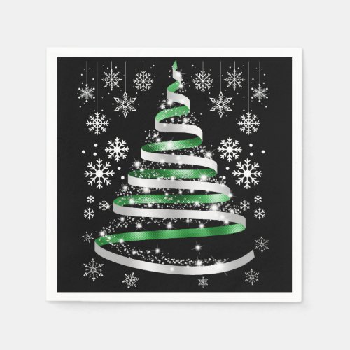White Snowflake Silver Green Ribbon Christmas Tree Napkins