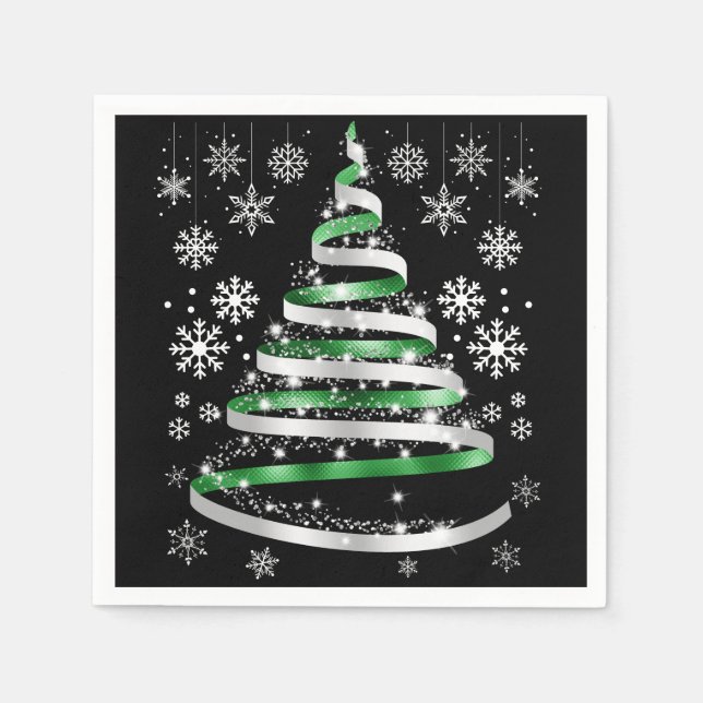 White Snowflake Silver Green Ribbon Christmas Tree Napkins (Front)