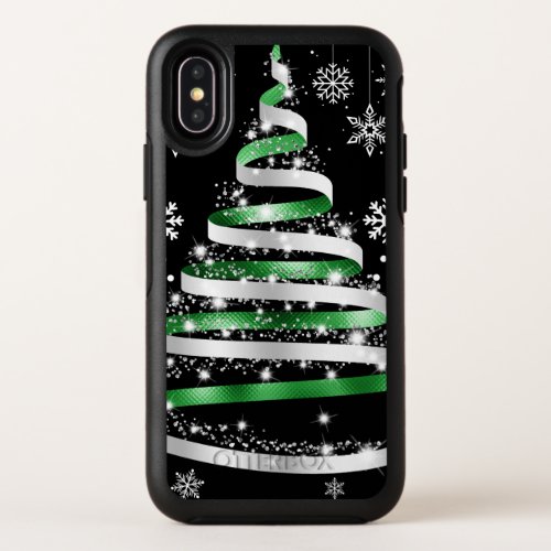 White Snowflake Silver Green Ribbon Christmas Tree OtterBox Symmetry iPhone X Case