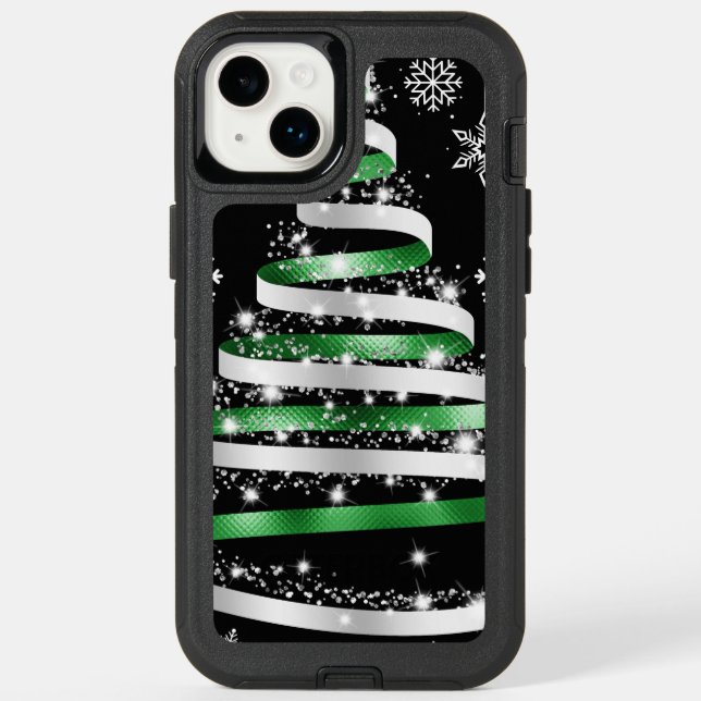 White Snowflake Silver Green Ribbon Christmas Tree Otterbox iPhone Case (Back)