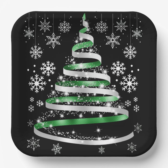 White Snowflake Silver Green Ribbon Christmas Tree Paper Plates (Front)