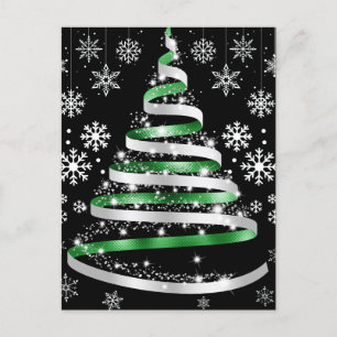 White Snowflake Silver Green Ribbon Christmas Tree Postcard