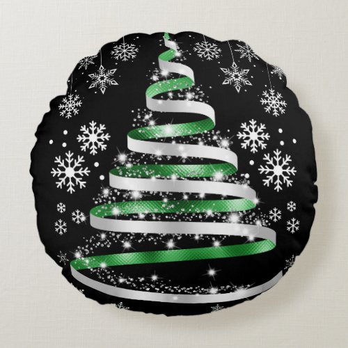 White Snowflake Silver Green Ribbon Christmas Tree Round Pillow