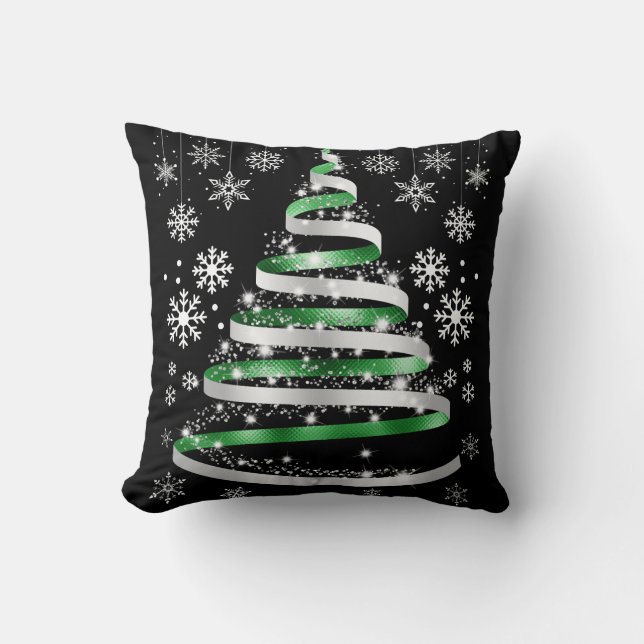 White Snowflake Silver Green Ribbon Christmas Tree Throw Pillow (Front)