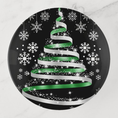 White Snowflake Silver Green Ribbon Christmas Tree Trinket Tray