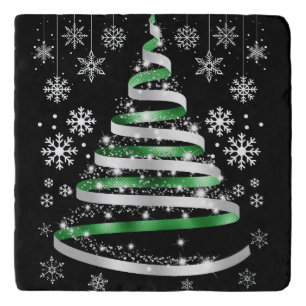 White Snowflake Silver Green Ribbon Christmas Tree Trivet