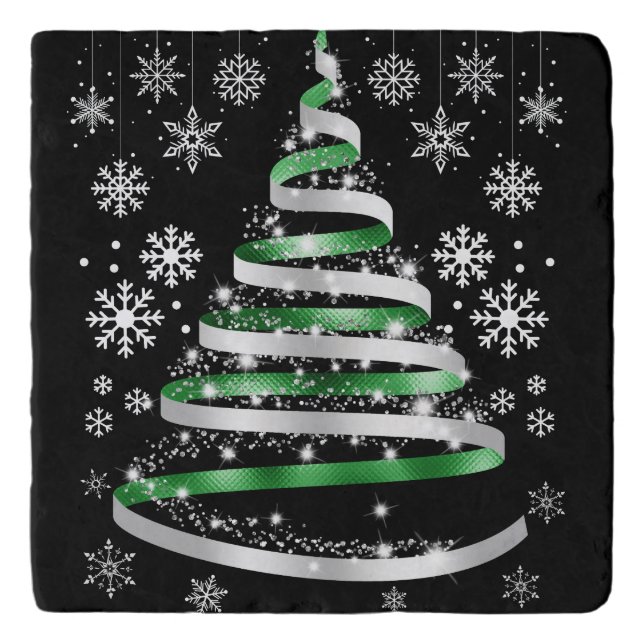White Snowflake Silver Green Ribbon Christmas Tree Trivet (Front)