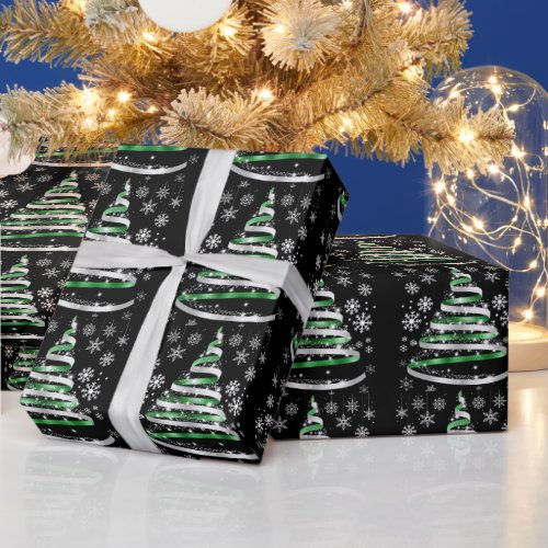 White Snowflake Silver Green Ribbon Christmas Tree Wrapping Paper