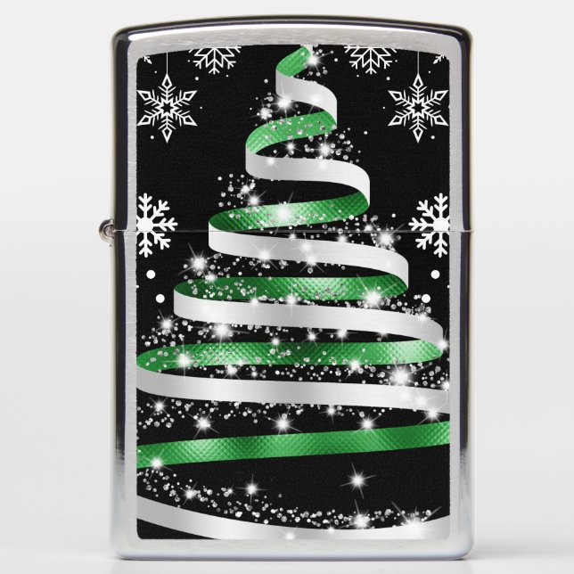 White Snowflake Silver Green Ribbon Christmas Tree Zippo Lighter (Front)