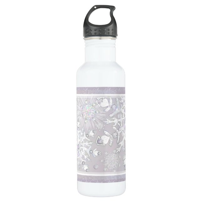 White snowflake stainless steel water bottle (Front)