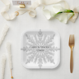White Snowflake Winter Wedding Paper Plates