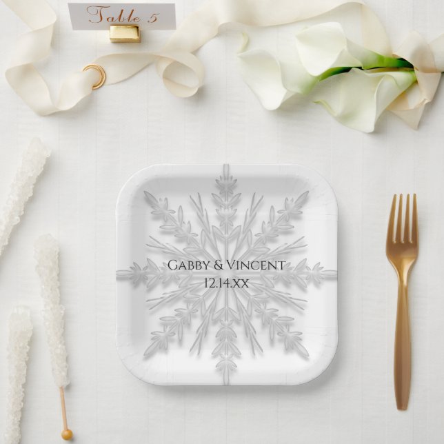 White Snowflake Winter Wedding Paper Plates (Wedding)