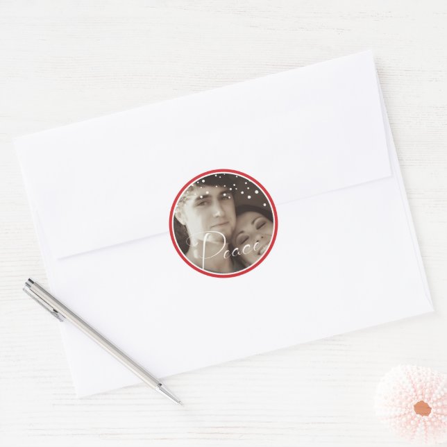 White Snowflake Your Photo Peace Holiday Christmas Classic Round Sticker (Envelope)