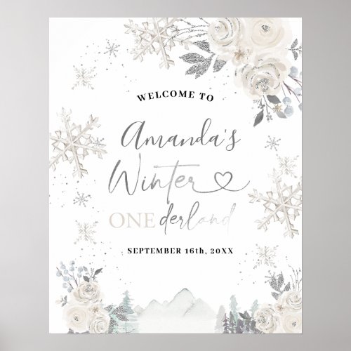 White snowflakes 1st Birthday Welcome Sign