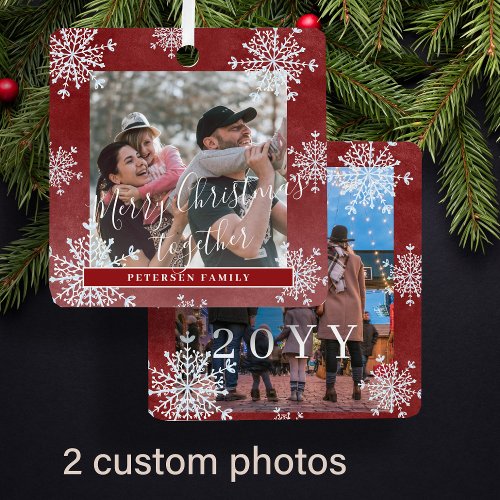 White snowflakes 2 family photo personalized red metal ornament