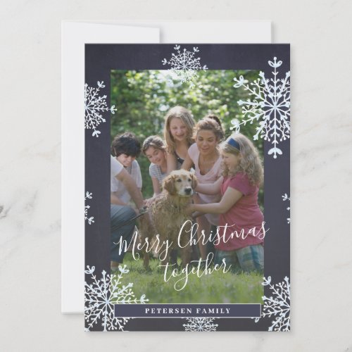 White snowflakes 2 photos family Christmas navy Holiday Card