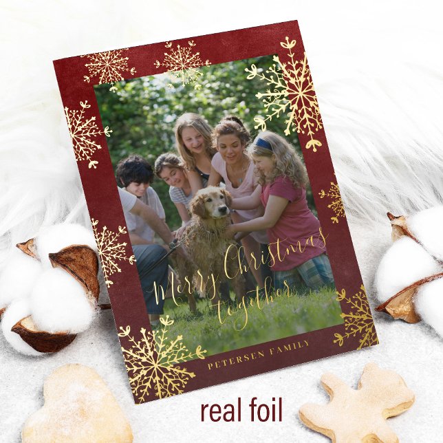 White snowflakes 2 photos family Christmas red Foil Holiday Card (Creator Uploaded)