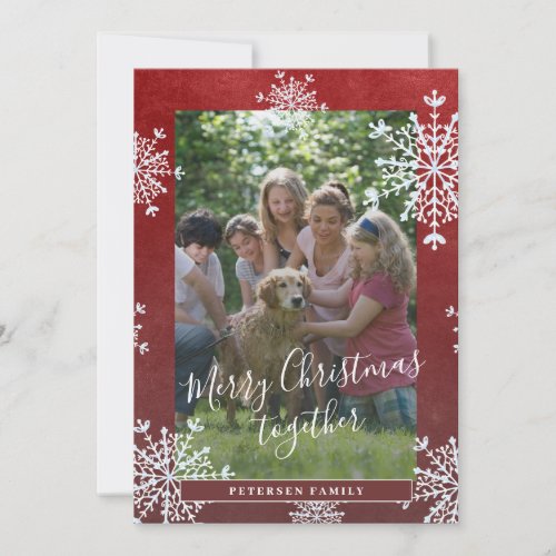 White snowflakes 2 photos family Christmas red Holiday Card