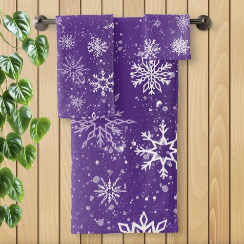 White Snowflakes Amethyst Purple Bath Towel Set