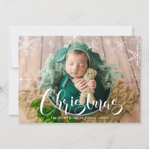 White Snowflakes and Christmas Typography Photo Holiday Card