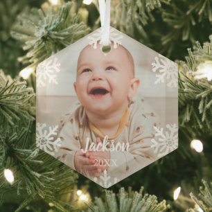 White Snowflakes Baby Photo Glass Ornament
