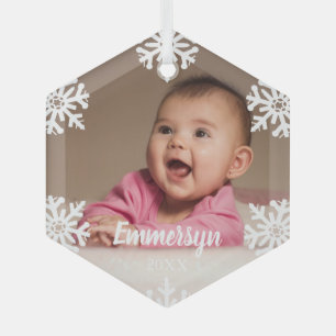 White Snowflakes Baby Photo Glass Ornament