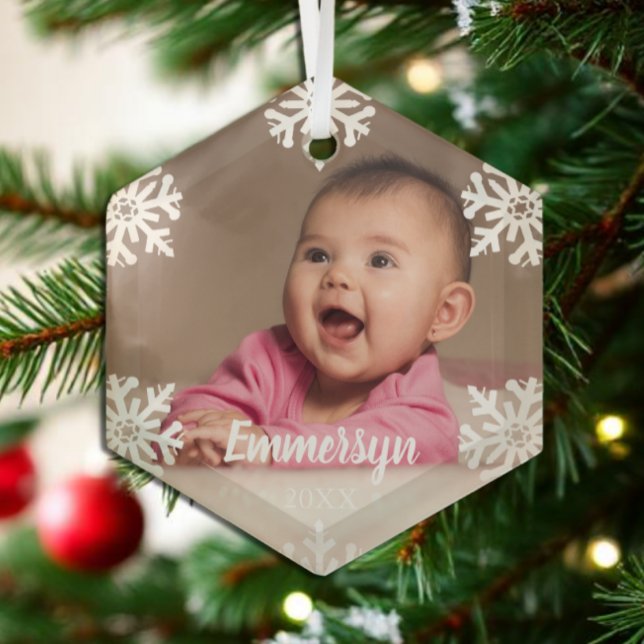White Snowflakes Baby Photo Glass Ornament (Creator Uploaded)