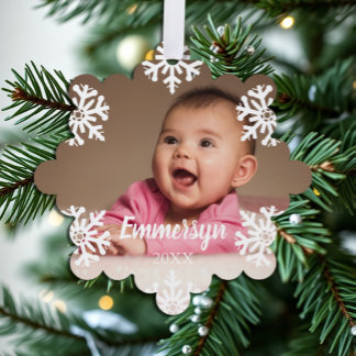 White Snowflakes Baby Photo Ornament Card