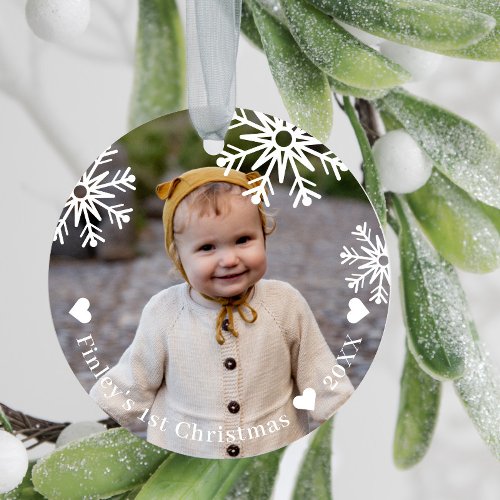 White Snowflakes Babys First Christmas Photo Ceramic Ornament