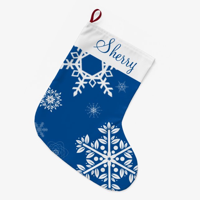 White Snowflakes Blue Christmas Stocking (Front (Hanging))