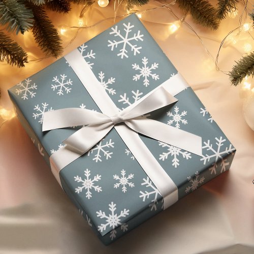 White Snowflakes Blue On Background Christmas Wrapping Paper