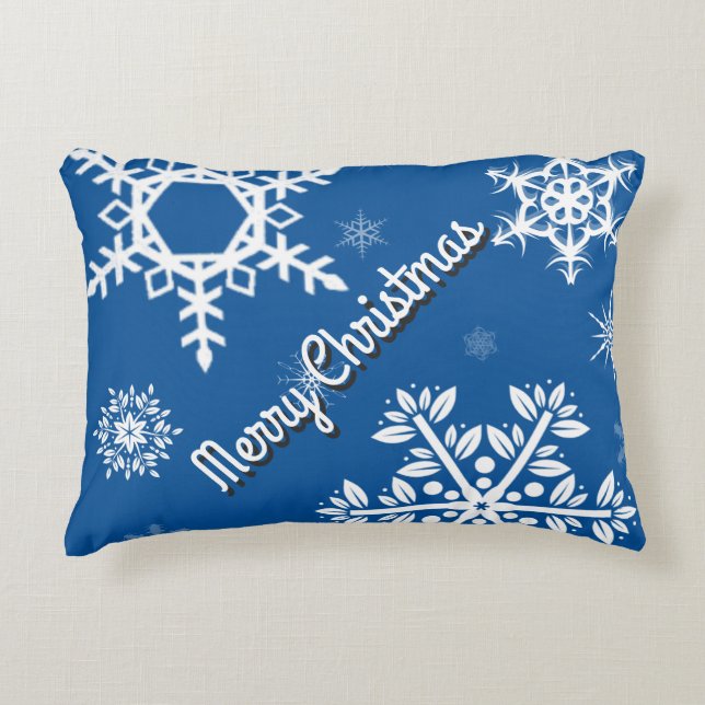 White Snowflakes Blue Pillow (Front)