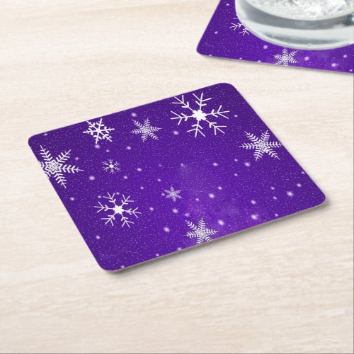 White Snowflakes Blue_Purple Backgd Paper Coasters