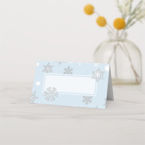White Snowflakes Blue Wedding Folded Place Card