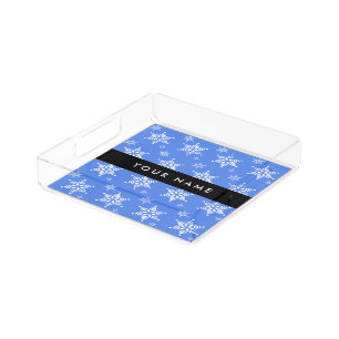 White Snowflakes, Blue, Your name, Personalize Acrylic Tray