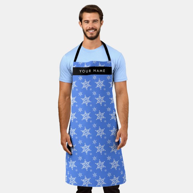 White Snowflakes, Blue, Your name, Personalize Apron (Worn)
