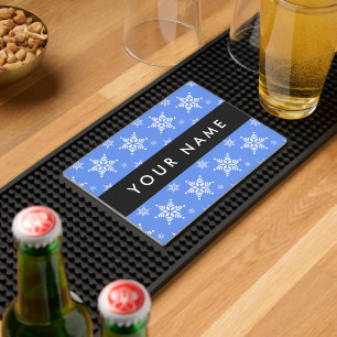 White Snowflakes, Blue, Your name, Personalize Bar Mat