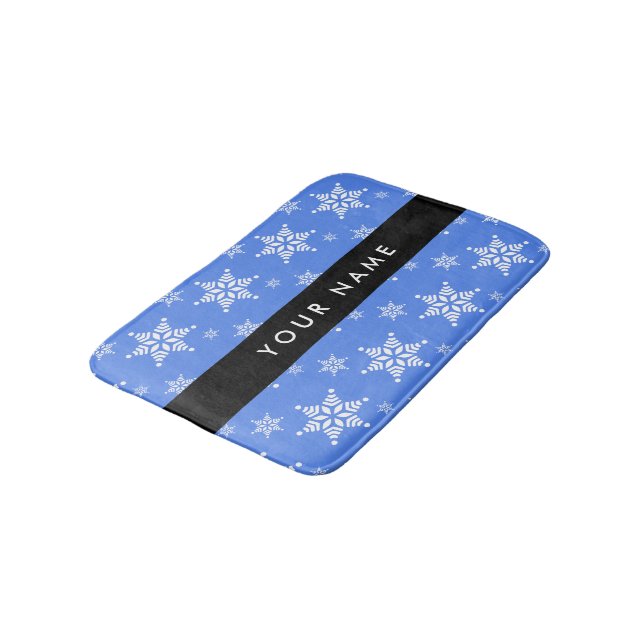White Snowflakes, Blue, Your name, Personalize Bath Mat (Angled)