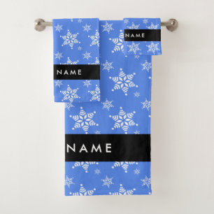 White Snowflakes, Blue, Your name, Personalize Bath Towel Set