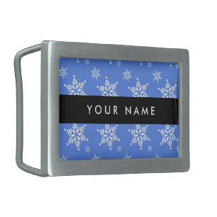 White Snowflakes, Blue, Your name, Personalize Belt Buckle