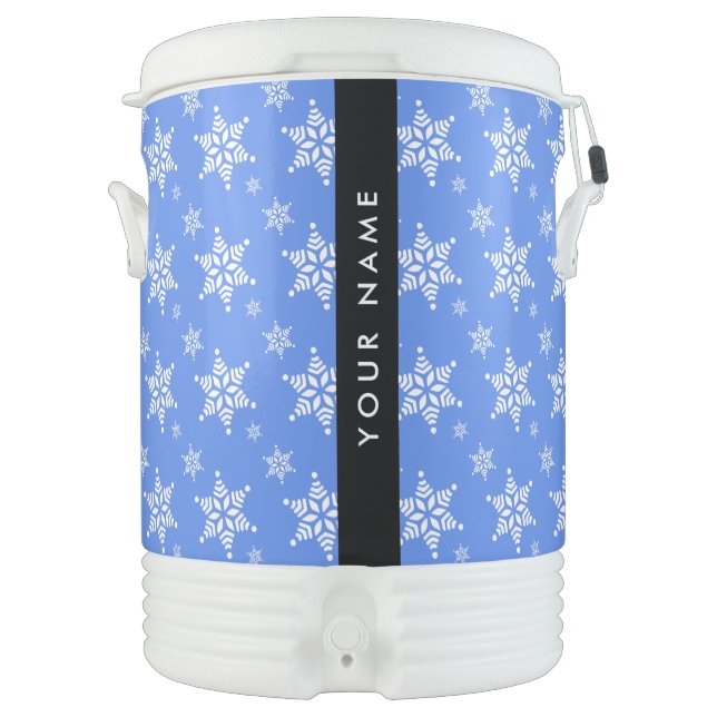 White Snowflakes, Blue, Your name, Personalize Beverage Cooler (Front)