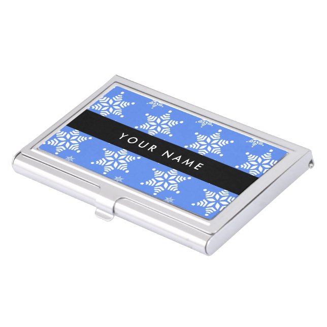 White Snowflakes, Blue, Your name, Personalize Business Card Case (Front)